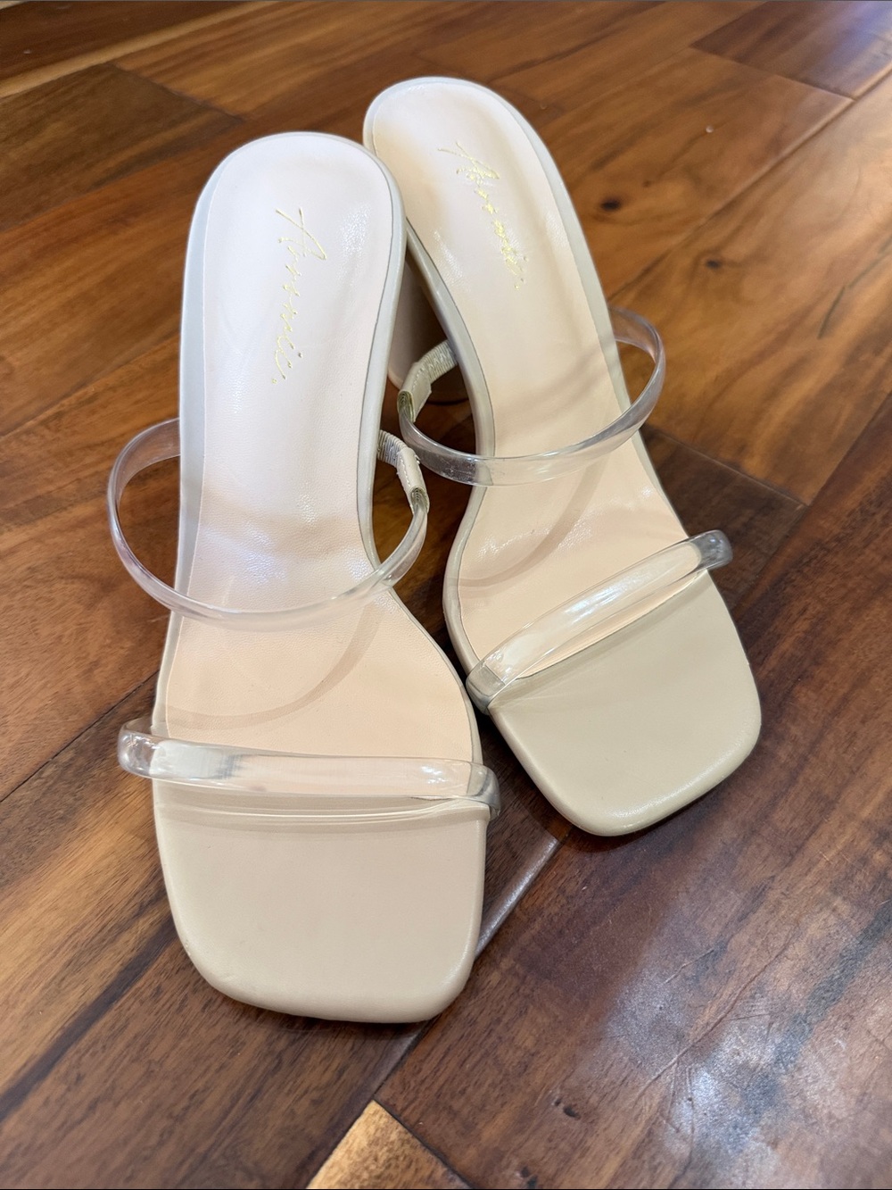 Source Unknown Beige Clear-Strap Block Heel Sandals